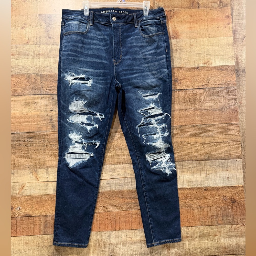 American Eagle  Women's Dark Blue Distressed & Patched Jeggings Size 18 Regular